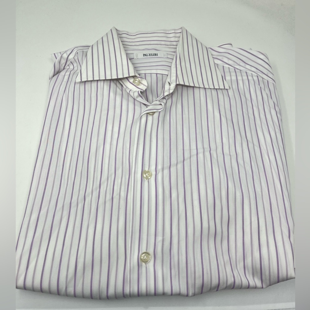Pal Zileri Dress Shirt Mens 42 16.5 White‎ Purple Striped Cotton Button Up Italy